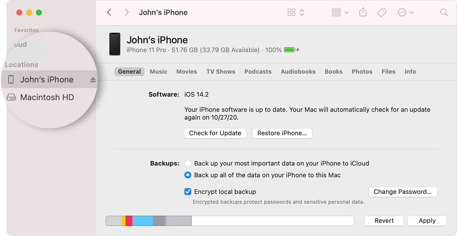  A screenshot of a computer with iTunes open and an iPhone connected to it. The iTunes window shows the iPhone's name, software version, and storage capacity.